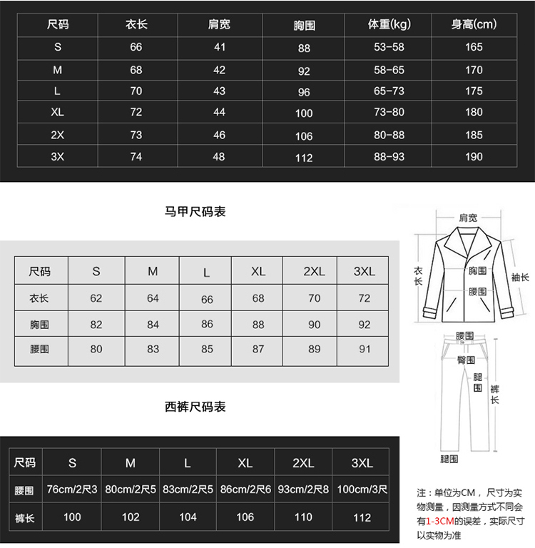 上衣、马甲、裤子尺码表 