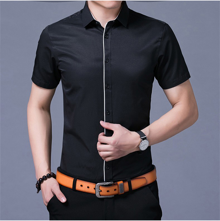 夏季纯色长袖商务休闲男衬衣青年修身大码上衣男士打底寸衫 黑色长袖