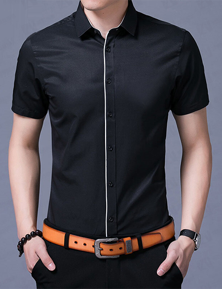 夏季纯色长袖商务休闲男衬衣青年修身大码上衣男士打底寸衫 黑色长袖