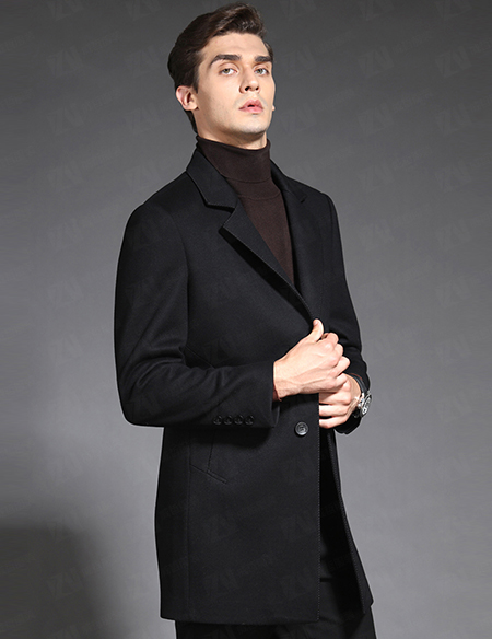 羊绒大衣男秋冬季新款西装领商务中长款休闲西装外套职业工装外套 黑色