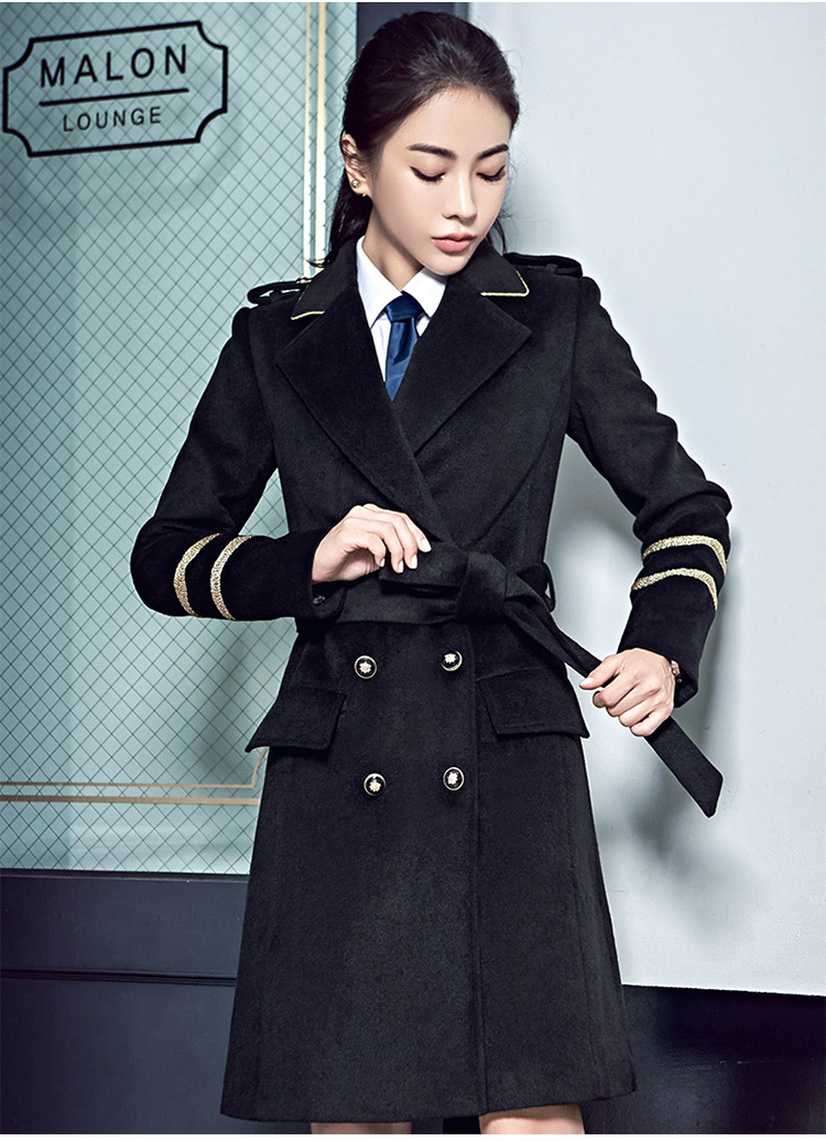 羊毛呢大衣中长款秋冬新款职业OL女装黑色修身长袖毛呢外套 黑色