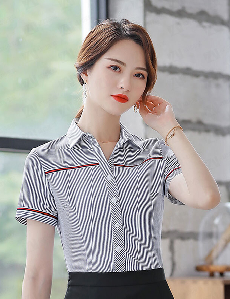 2019夏季新款时尚气质条纹职业衬衫女短袖