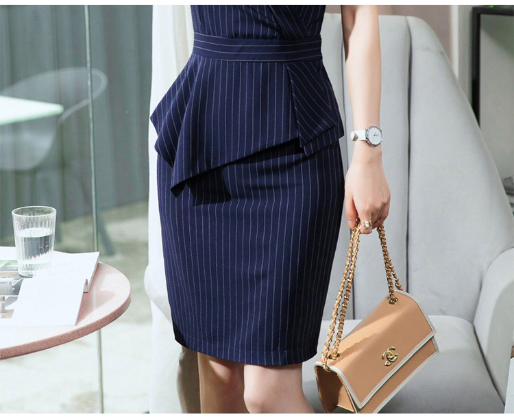高档职业连衣裙女夏季新款时尚气质V领条纹短袖工作服工装裙子 薄款 蓝色条纹连衣裙