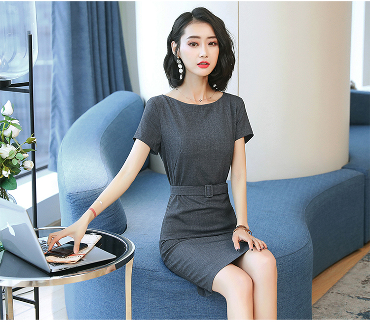 夏季圆领收腰职业连衣裙女 新款时尚气质女神范正式场合正装工装裙子