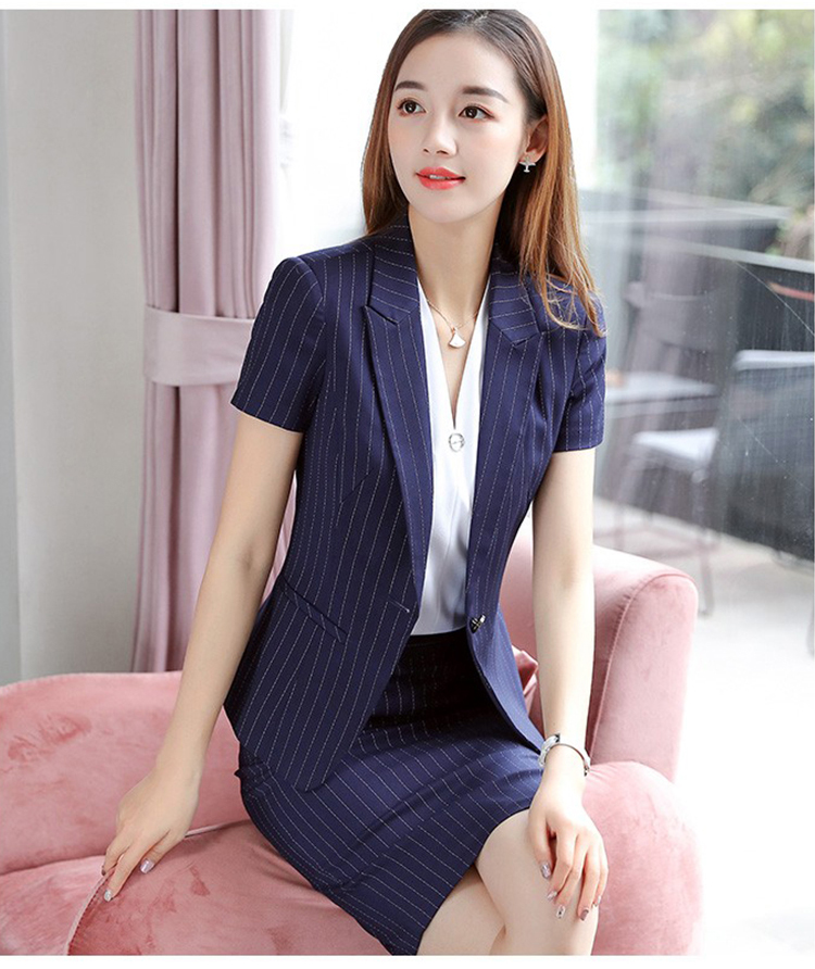 品牌职业套装女夏季新款办公室职业套装短袖条纹珠宝店套裙工作服 蓝条纹西装+西裙