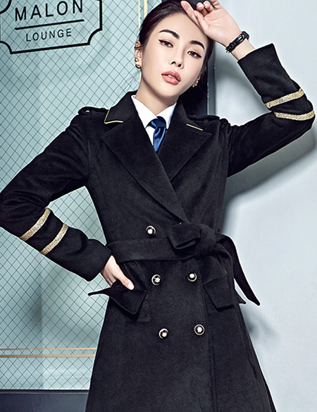 羊毛呢大衣中长款秋冬新款职业OL女装黑色修身长袖毛呢外套 黑色