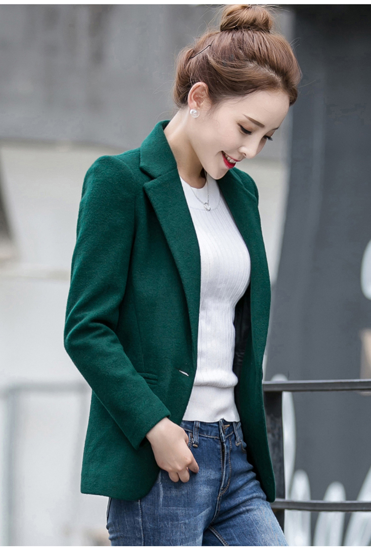 冬季品牌女装新款韩版毛呢外套短款职业装小西装呢子西服妮子大衣 绿色