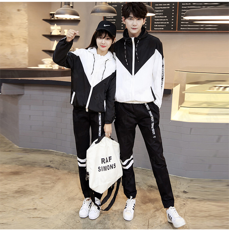 春秋新款黑白拼色男女款连帽款运动校服定制刺绣印字印学校名称