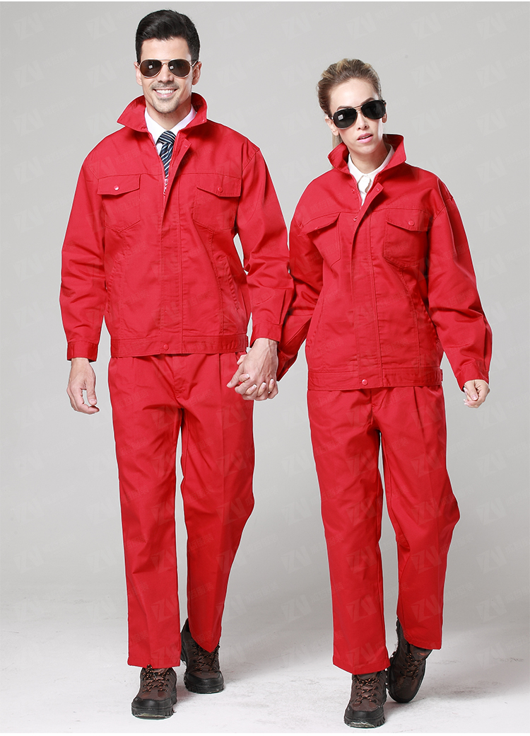 春秋长袖套装男女士红色工装劳保服