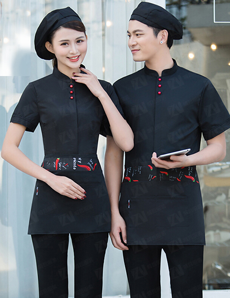 夏季短袖酒店餐饮饭店餐厅服务员黑色工作服制服