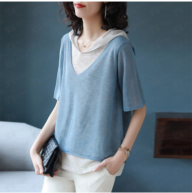 夏季新款女士假两件套连帽卫衣定制logo