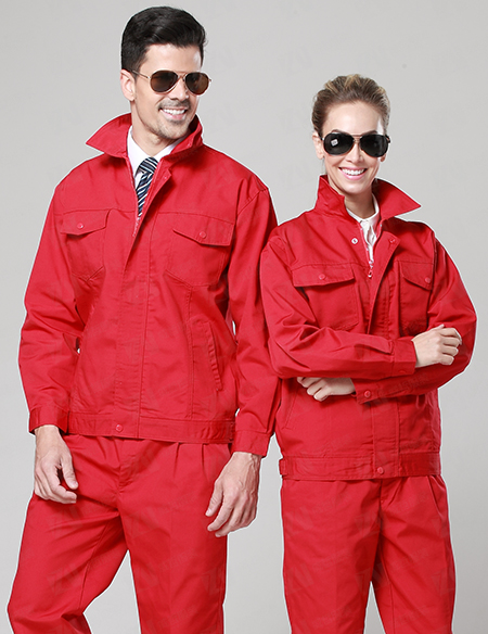 春秋长袖套装男女士红色工装劳保服