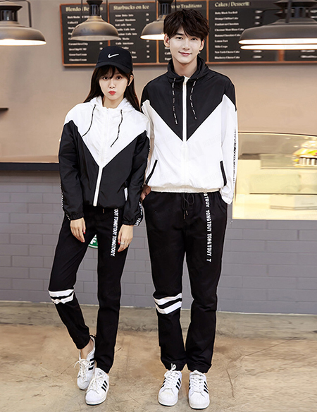 春秋新款黑白拼色男女款连帽款运动校服定制刺绣印字印学校名称