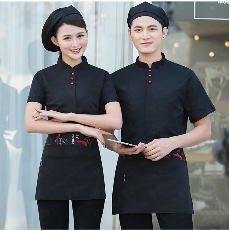 夏季短袖酒店餐饮饭店餐厅服务员黑色工作服制服