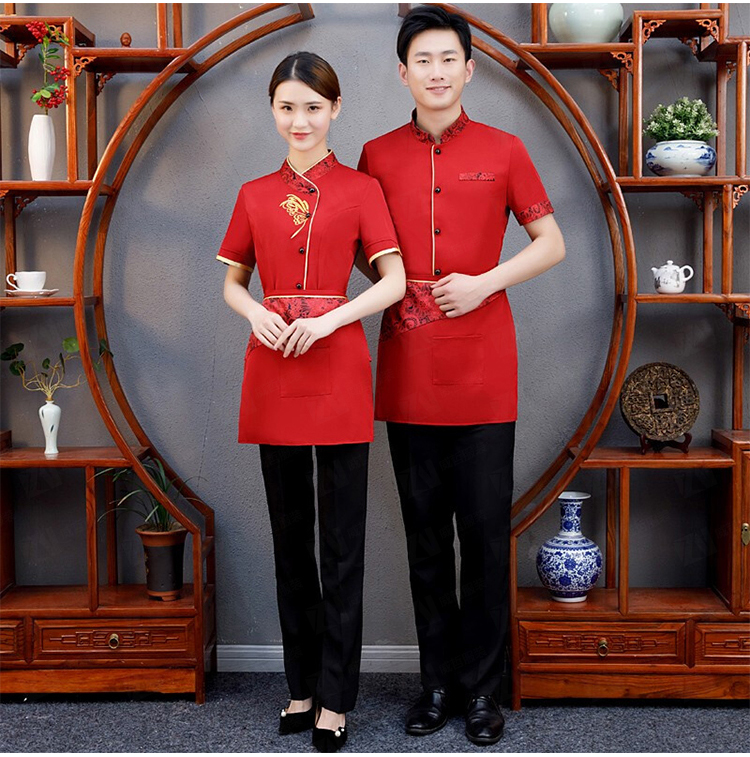 夏季短袖酒店餐饮饭店餐厅酒店服务员红色工作服制服