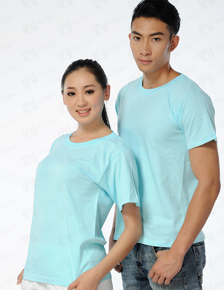 企业定制浅蓝色圆领T恤定制男女款团队服广告文化衫刺绣印字