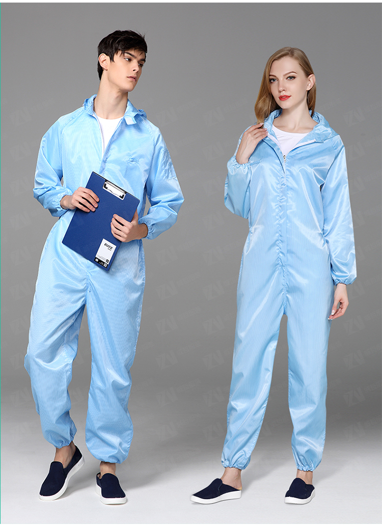 防静电无尘服蓝色透气男女士连帽防护带防尘车间衣