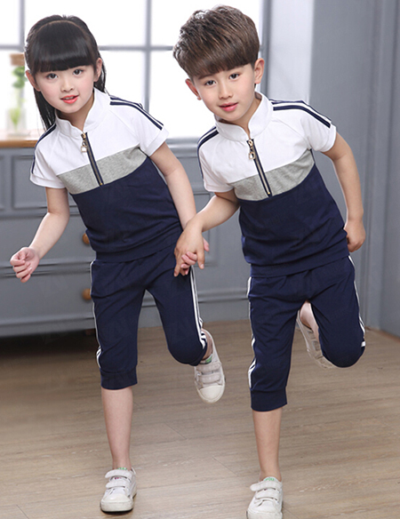 学校校服定制拼色短袖七分裤套装男女款运动校服刺绣印字印学校名称logo