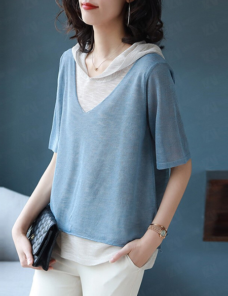 夏季新款女士假两件套连帽卫衣定制logo