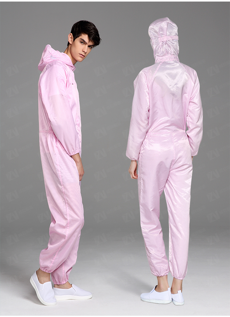 防静电粉色无尘连体男女士透气连帽防护带防尘车间衣