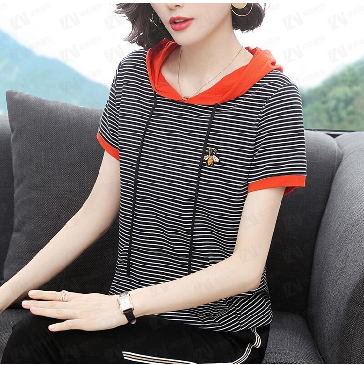 夏季新款女士拼色条纹连帽卫衣定制logo