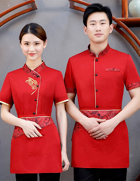 夏季短袖酒店餐饮饭店餐厅酒店服务员红色工作服制服