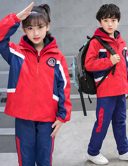 学校校服定制冬季加厚连帽款红蓝撞色男女款校服刺绣印字印学校名称logo