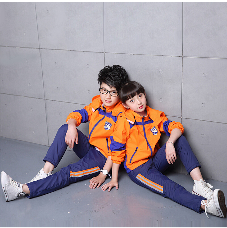 学校校服定制秋冬连帽款橙色撞色男女款校服刺绣印字印学校名称logo