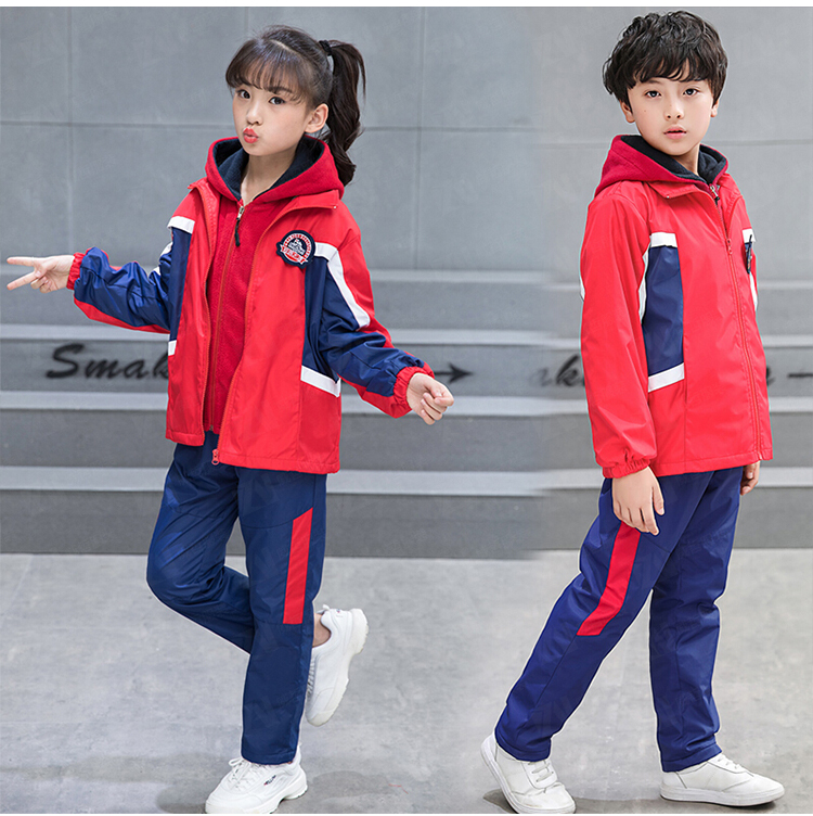 学校校服定制冬季加厚连帽款红蓝撞色男女款校服刺绣印字印学校名称logo