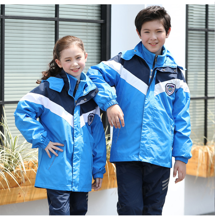 学校校服定制冬季加厚连帽款蓝色拼色男女款校服刺绣印字印学校名称logo