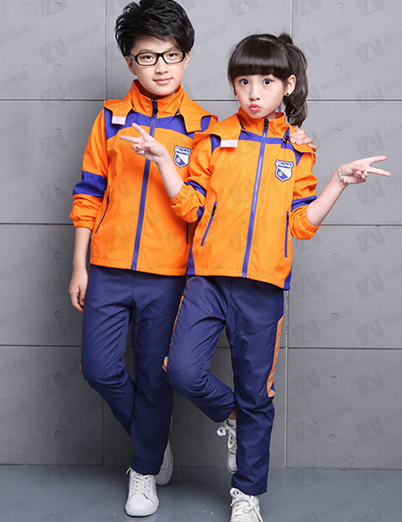 学校校服定制秋冬连帽款橙色撞色男女款校服刺绣印字印学校名称logo