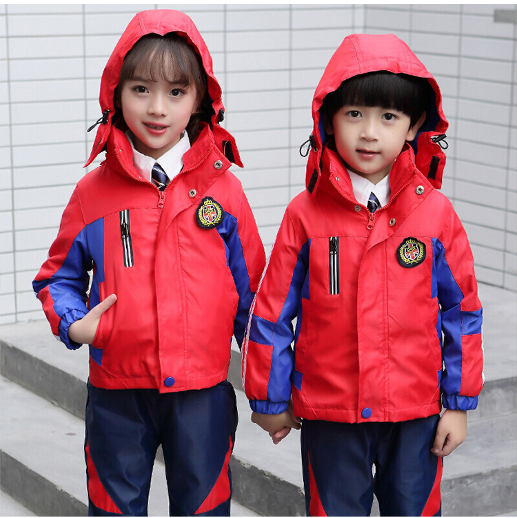 学校校服定制冬季加厚连帽款衣袖拼色男女款校服刺绣印字印学校名称logo