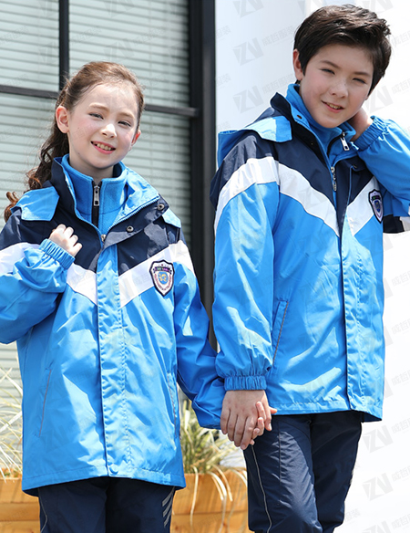 学校校服定制冬季加厚连帽款蓝色拼色男女款校服刺绣印字印学校名称logo