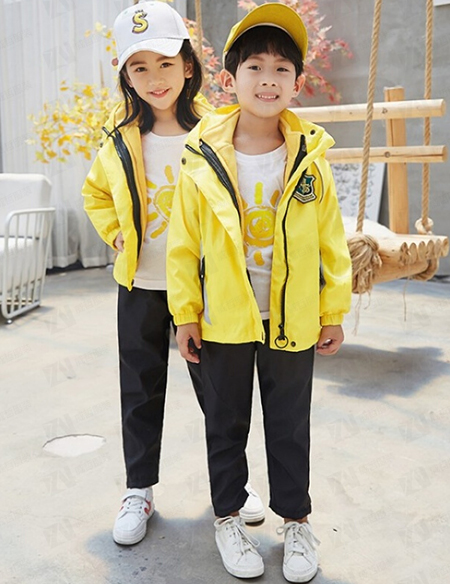 学校校服定制冬季加厚连帽款黄色男女款校服刺绣印字印学校名称logo