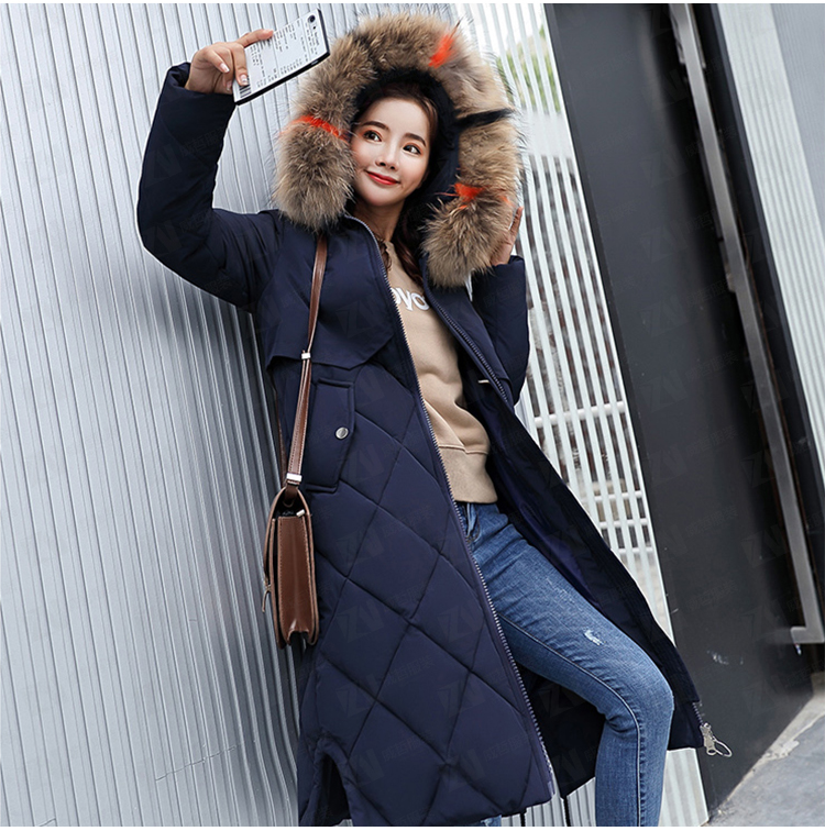 冬装新款女式中长款藏蓝色连帽保暖棉服