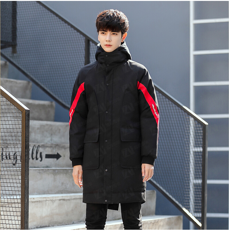 冬装新款男式连帽衣袖拼色中长款保暖棉服棉衣
