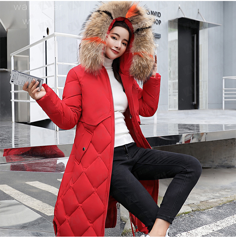 冬装新款女式中长款正红色连帽保暖棉服