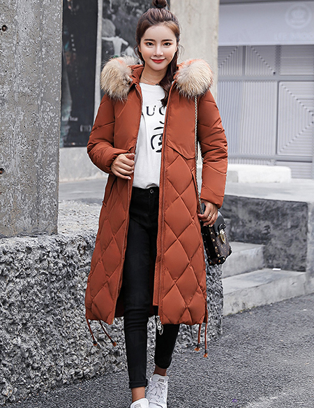 冬装新款女式中长款咖啡色连帽保暖棉服