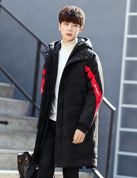 冬装新款男式连帽衣袖拼色中长款保暖棉服棉衣