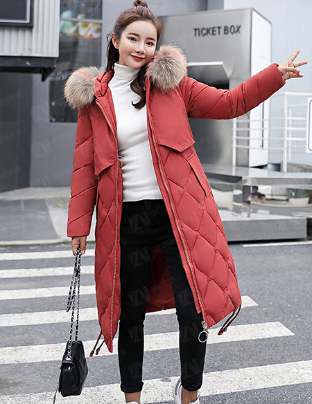 冬装新款女式中长款暗红色连帽保暖棉服