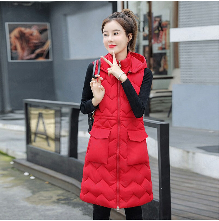 冬装新款女式中长款红色马甲保暖棉服保暖棉衣