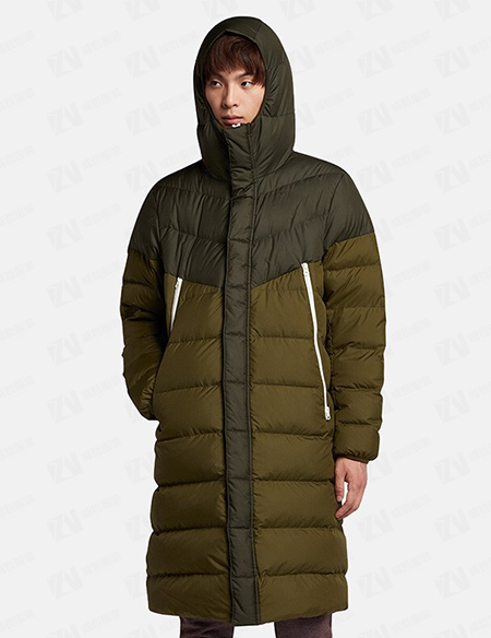 秋冬新款男式军绿色拼色连帽中长款保暖羽绒服