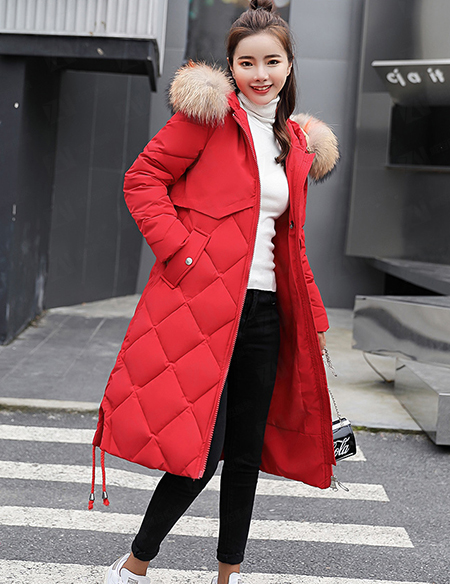 冬装新款女式中长款正红色连帽保暖棉服