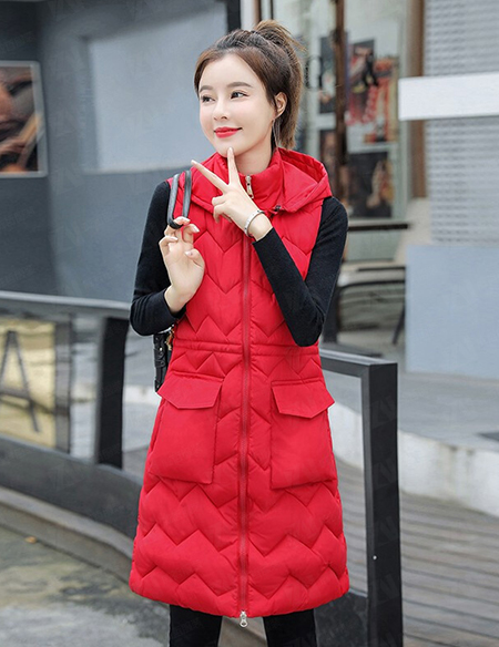 冬装新款女式中长款红色马甲保暖棉服保暖棉衣