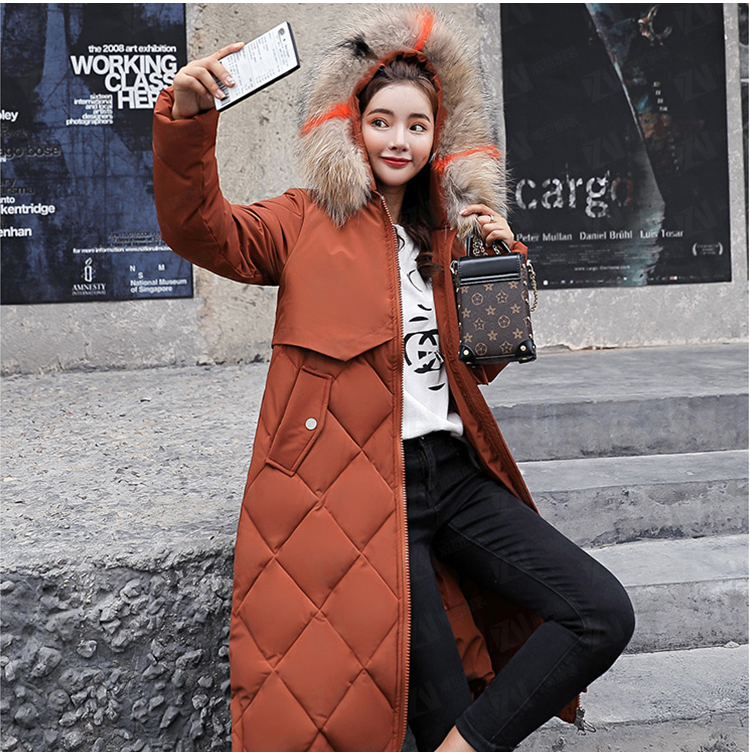 冬装新款女式中长款咖啡色连帽保暖棉服