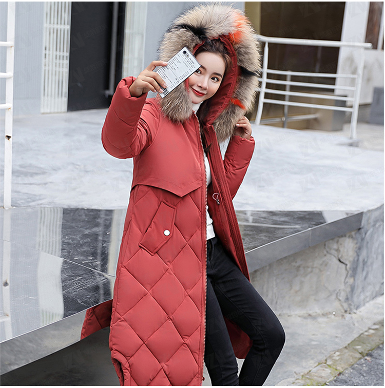 冬装新款女式中长款暗红色连帽保暖棉服