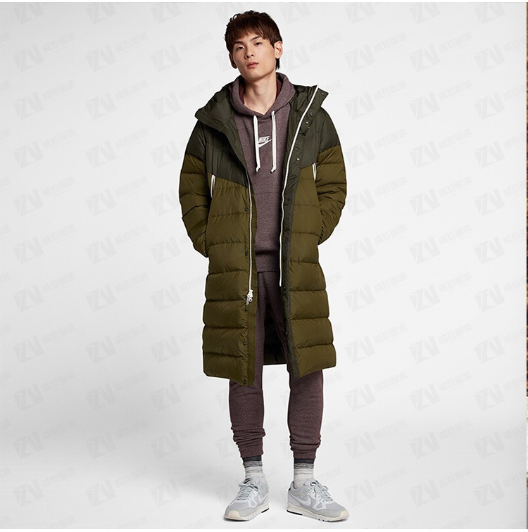 秋冬新款男式军绿色拼色连帽中长款保暖羽绒服